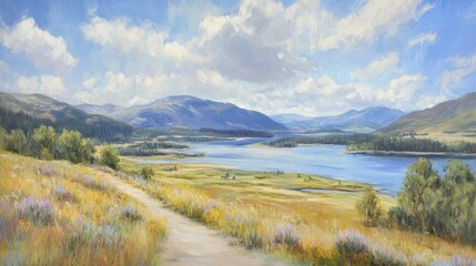 Naklejka premium Serene Mountain Lake Path Scenic Vista