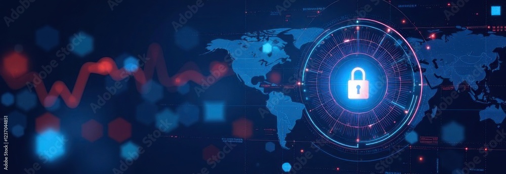 Poster global network security: futuristic interface protecting worldwide data with digital padlock