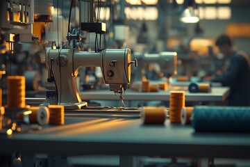 Industrial sewing machines in a factory setting with thread spools.