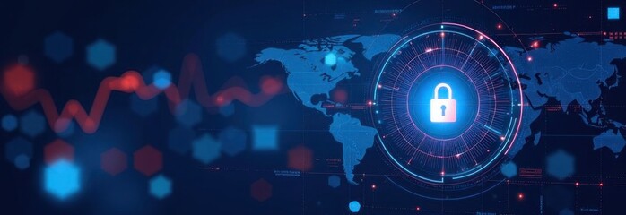 Global network security: futuristic interface protecting worldwide data with digital padlock