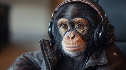 A whimsical image featuring a monkey wearing stylish headphones, embodying a playful sense of human-like curiosity and trendiness in a modern setting that fascinates viewers.