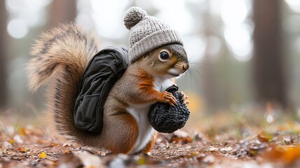 Fototapeta premium Adventurous Squirrel: Backpack, Hat, and Autumnal Forest Scene