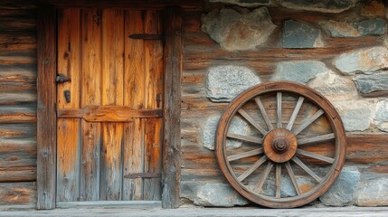 Obraz premium An artistic view of a rustic wooden door next to an old wooden wheel, framed by a rugged stone wall that captures the essence of traditional craftsmanship and nostalgia.