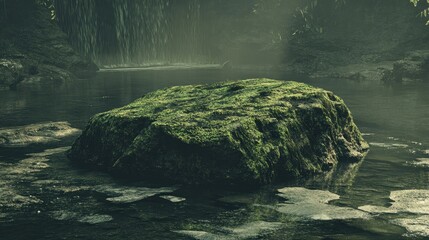 Fototapeta premium Moss Covered Rock in Serene Waterfall Pool