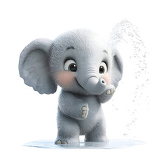 Fluffy 3D Cartoon Baby Elephant Standing on Puddle Isolated on Transparent Background