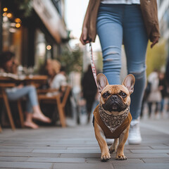 Charming dog walks confidently on a city street with its owner during a sunny afternoon outing