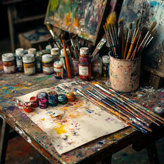 Fototapeta premium Artistic workspace with vibrant colors and tools ready for creative expression in a cozy studio setting