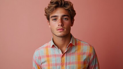 Fototapeta premium A striking portrait of a young man displaying stylish attire against a peach background, capturing modern fashion trends and youthful charisma.