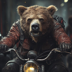 Bear riding a motorcycle through an urban street, showcasing a unique blend of wilderness and city life during twilight