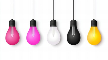 Naklejka premium Five hanging lightbulbs in pink, fuchsia, white, black, and yellow. Each bulb features a pencil icon inside.