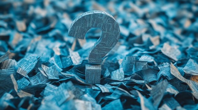 This artistic piece features a large question mark constructed from paper, surrounded by a chaotic array of shredded paper, symbolizing curiosity and inquiry.
