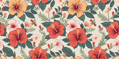 A repeating pattern of hand-drawn tulips in muted yellow, orange, and white, with green leaves on a light background.