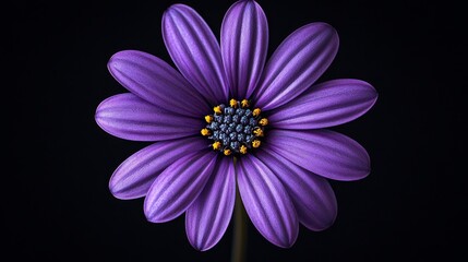 Obraz premium A stunning close-up of a purple flower set against a contrasting black background, emphasizing its vibrant color and intricate details in a striking floral composition.