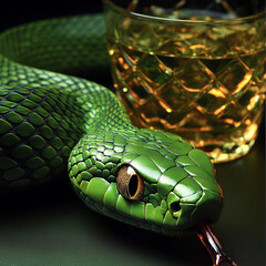 Fototapeta premium Green snake resting beside a glass of amber liquid in a dimly lit environment