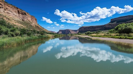 Naklejka premium Calm River Reflecting Clouds and Canyon Walls