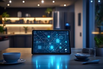 Smart home technology displayed on tablet in modern kitchen at night.