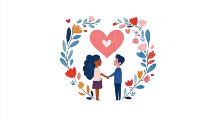 Obraz premium A loving couple holding hands surrounded by flowers and hearts.