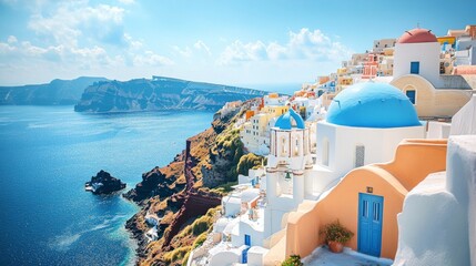 Fototapeta premium Breathtaking view of the iconic Santorini coastline featuring stunning blue-domed architecture contrasted against the deep blue Aegean Sea and lush landscapes.