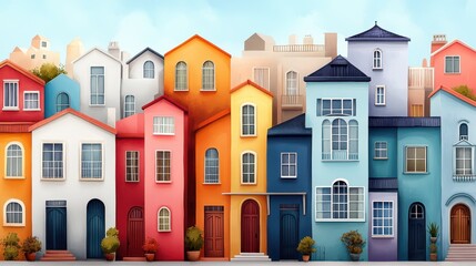 Naklejka premium Colorful watercolor painting of vibrant houses with numerous windows in a lively urban setting