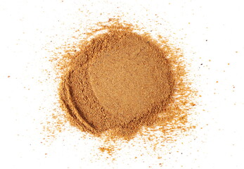 Milled nutmeg frame, powder in shape circle isolated on white background and texture