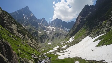Majestic Mountain Valley Scene With Snow Patches And Lush Green Slopes