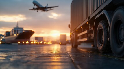 Transport operations at sunset with an airplane taking off above a cargo ship and a truck on the dock