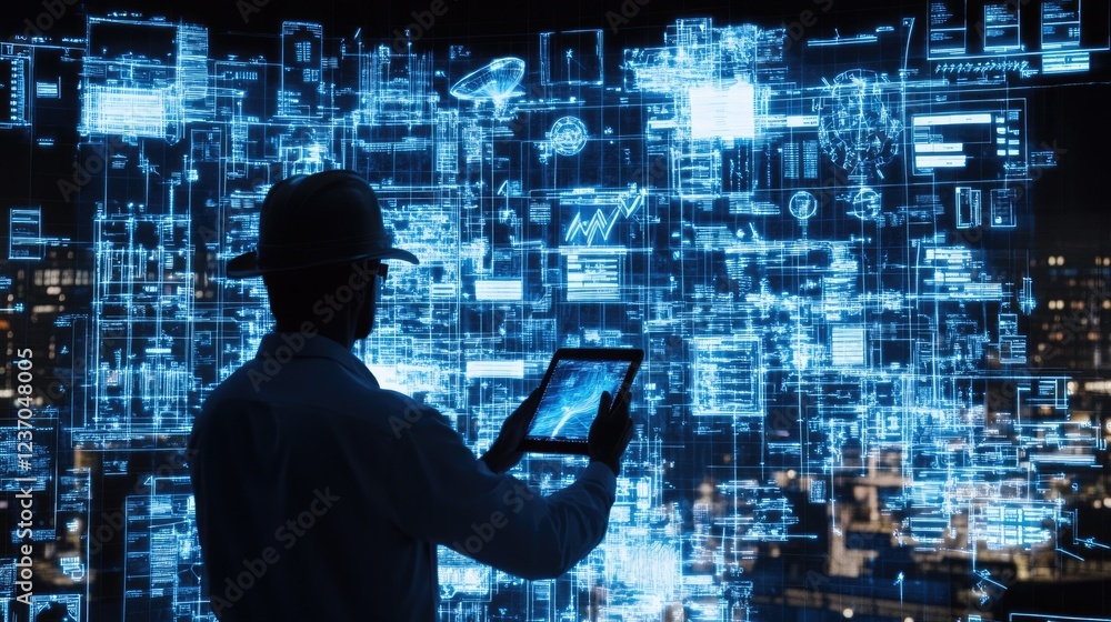 Poster engineer reviewing digital blueprints using a tablet