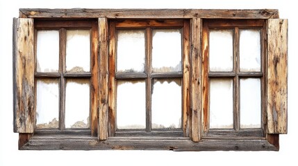 An old window made of wood set against a white background