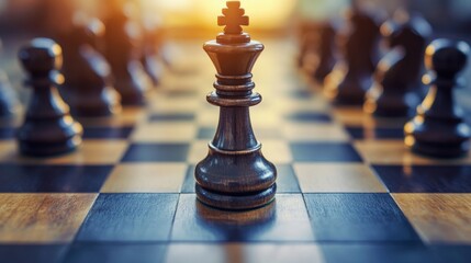 A striking shot of a king chess piece dominating the forefront of a classic chessboard, symbolizing strategy and intellect in the captivating game of chess.