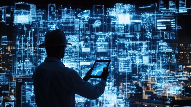 Engineer reviewing digital blueprints using a tablet