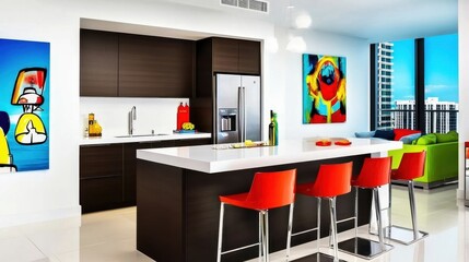 Modern kitchen features flat-front cabinets and integrated refrigerator with minimalist design