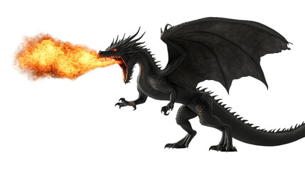 Fototapeta premium a Black dragon spitting fire isolated on a transparent background