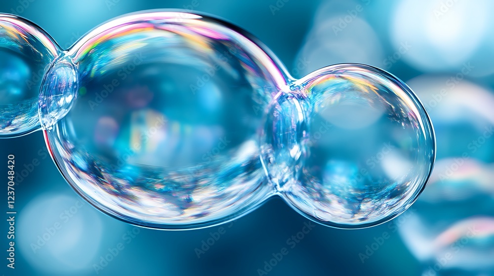 Poster interconnected soap bubbles displaying iridescent colors against a blue background