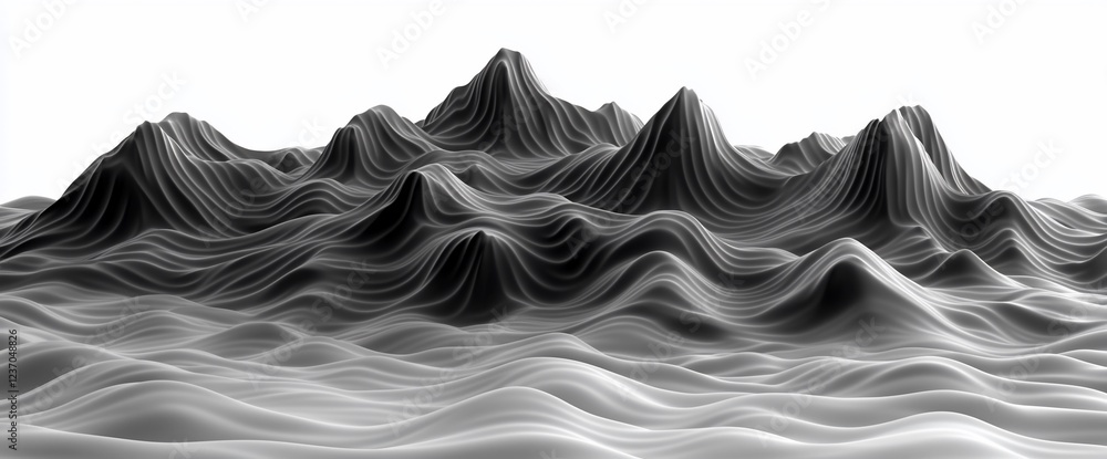 Poster abstract grayscale 3d rendering of a mountainous landscape with flowing lines and curves.