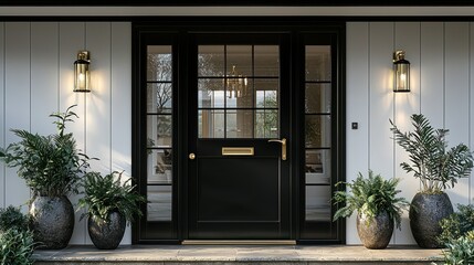 Elegant Home Entrance with Black Door and Gold Accents