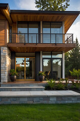 Fototapeta premium Modern Architectural Home Design: Luxury Exterior with Stone and Wood