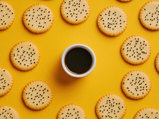 Fototapeta premium Soy sauce and sesame crackers on vibrant yellow background