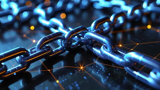 Close-up of interconnected metallic chains with a digital effect.