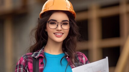 female architect construction blueprints