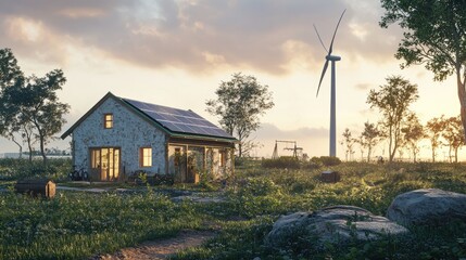Sustainable Cottage Home With Solar Panels And Wind Turbine