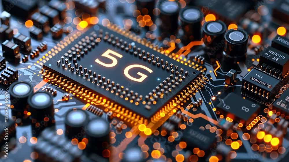 Aufkleber close-up view of a 5g microchip on a circuit board.