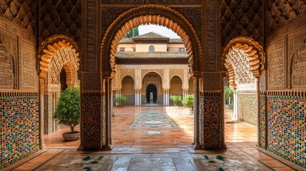 Obraz premium This image showcases the intricate architecture of a beautiful palace in Morocco, emphasizing the fusion of history, culture, and stunning design elements.
