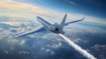 An airplane flying in the sky with white smoke trails behind it, representing enhanced air quality control and an air braking system for planes. 