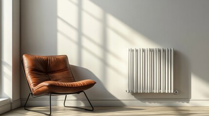 A stylish modern chair with a warm brown color positioned beside a white radiator in a sunlit, minimalist room showcasing shadows and light patterns for aesthetically pleasing ambiance.