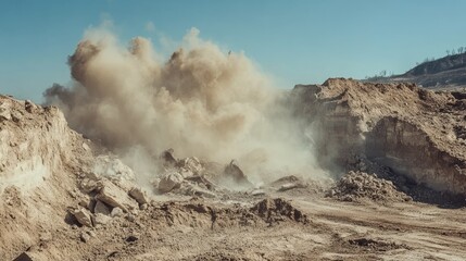 Dust cloud erupts during a quarry rock blasting operation