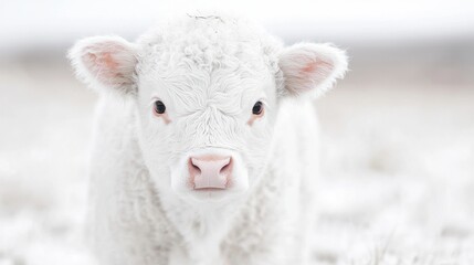 Obraz premium White calf, winter field, snowy background, farm animal portrait