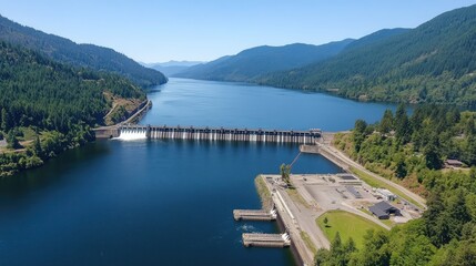 Aerial View of a Dam and Reservoir in a Mountainous Region