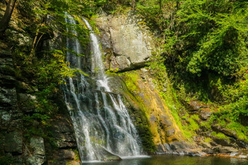 Beautiful waterfall cascading into a serene pool surrounded by lush greenery. Bushkill Falls in Poconos Pennsylvania.