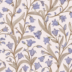 A floral wallpaper pattern featuring bluebell flowers on a white background.