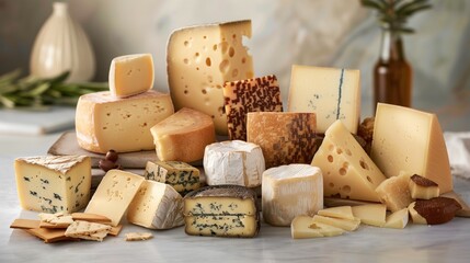 Group of various cheeses including gruyere, provolone, parmigiano-reggiano, cheddar, and more